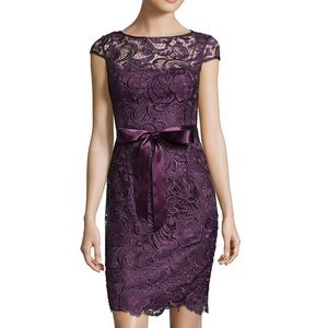 COPY - Lace Sheath Dress Sheer Short Sleeves Satin Trim